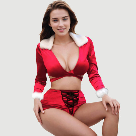 Plus Size Sexy Long Sleeved Christmas Costume Sexy Long Sleeved Tie Up 2 Piece Christmas Suit Red
