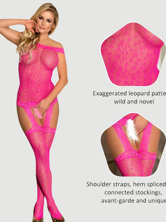 Plus Size Sexy Bodystocking Striped Leopard Pattern And Garter Fishnet Bodystocking Pink