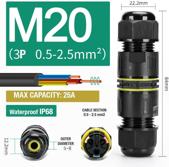 Set 2 Bucăți Conector Inline Impermeabil Ip68 Exterior M20 3 Poli Secțiune Cablu 0,5-2,5 Mm² Diametru Cablu 5-8 Mm Blocare Cu Pârghie Onuvio