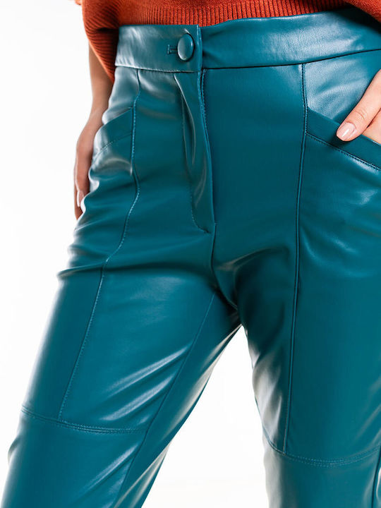 Pantaloni Damă Din Piele Croială Tapered Verde