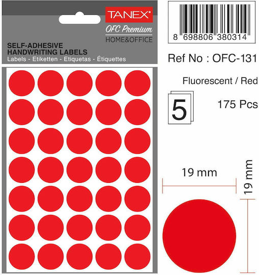 Tanex 175 Buc Etichete Adezive Tx-Ofc-131-Re Rotunde În Culoare Roșie 19mm