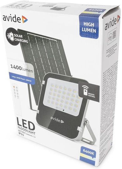 Avide Asolflcw-10ah-smsp Στεγανός Ηλιακός Προβολέας LED 100W Ψυχρό Λευκό 6400K με Αισθητήρα Κίνησης και Τηλεχειριστήριο IP65