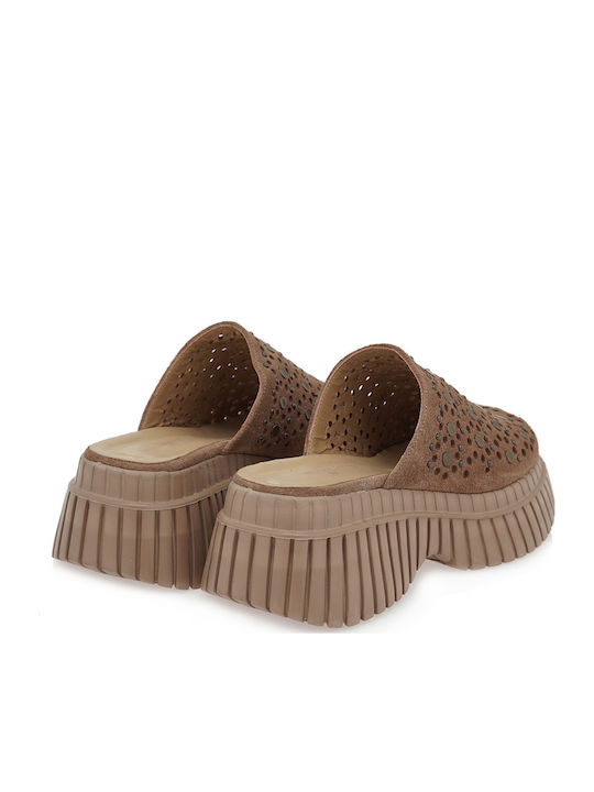 Suede Mules With High Heel In Brown Colour