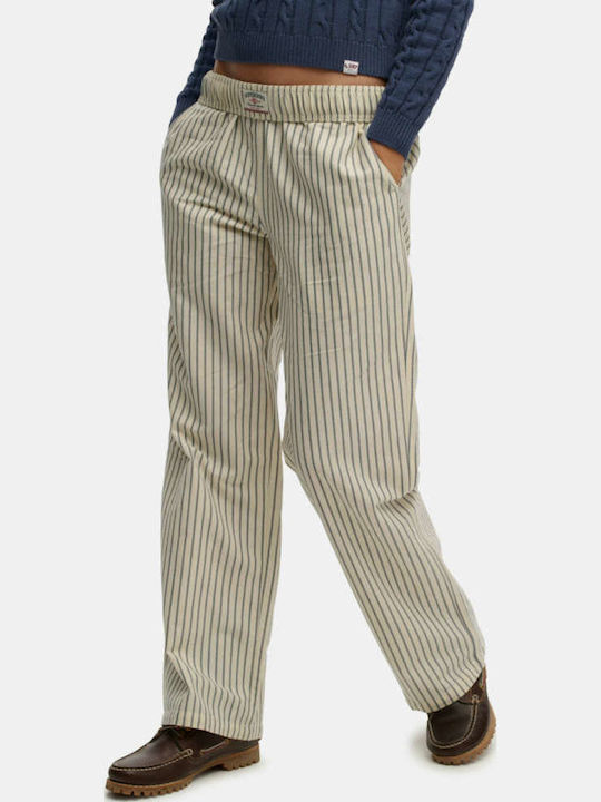Women's Fabric Capri Trousers with Rubber Band Striped Blue