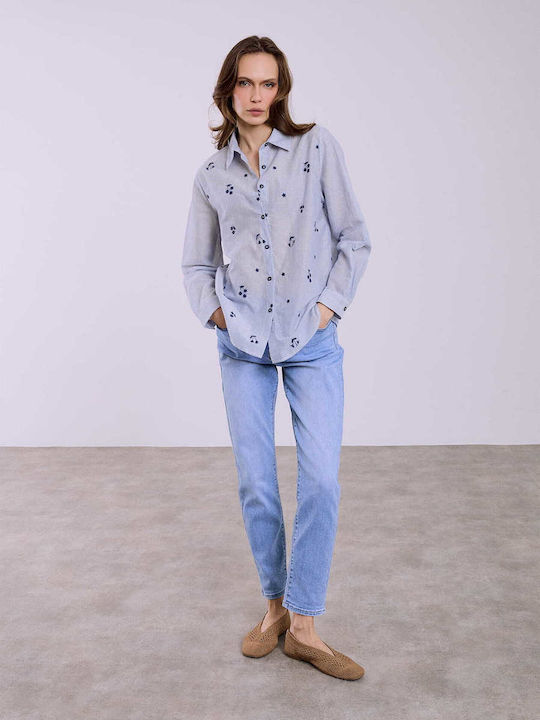 Celestino Women's Cotton Shirt Embroidered Designs Loose Fit Blue