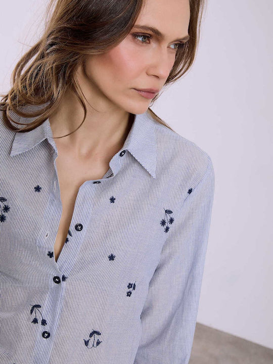 Celestino Women's Cotton Shirt Embroidered Designs Loose Fit Blue