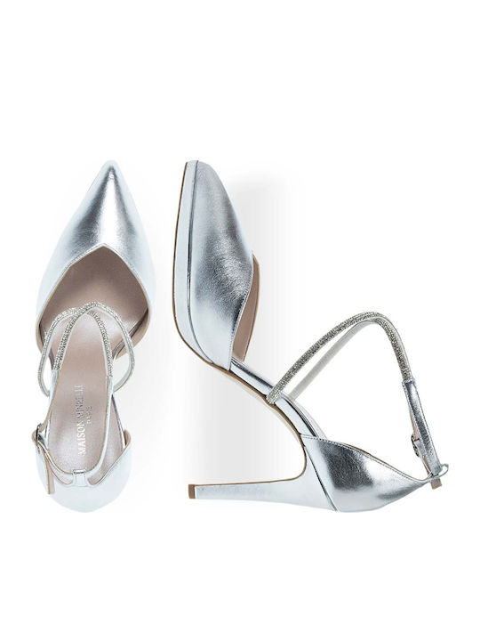 Leder Spitze Zehe Pumps mit Riemen Silber
