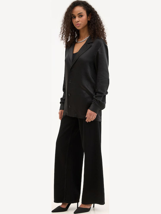 Long Sleeve Women's Satin Shirt Black