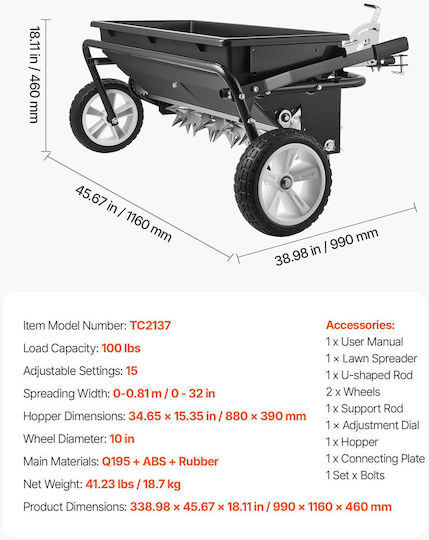 Vevor QYSSBJ100LBS1OBQG001V0 Τροχήλατη Σπαρτική Μηχανή με Χωρητικότητα 45kg