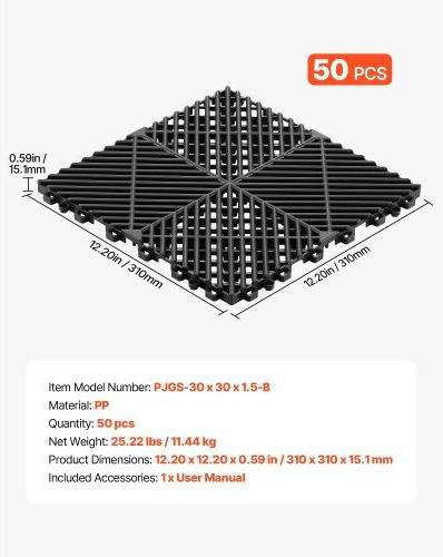 Vevor Set Plastic Floor with 50 Tiles 1.5mm L31xW31cm Black