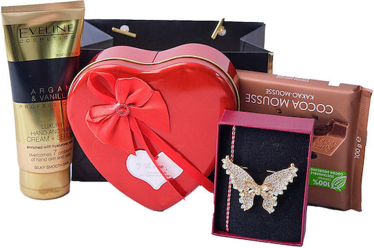 Tenderness Gift Set Butterfly Martisor Brooch Eveline Arganandvanilla Hand Cream Ritter Sport Cacao Mousse Chocolate Metal Box Soap Roses Teddy Bear Plus In Elegant Handbag-style Bag Red