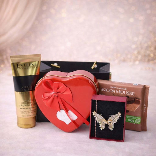Tenderness Gift Set Butterfly Martisor Brooch Eveline Arganandvanilla Hand Cream Ritter Sport Cacao Mousse Chocolate Metal Box Soap Roses Teddy Bear Plus In Elegant Handbag-style Bag Red