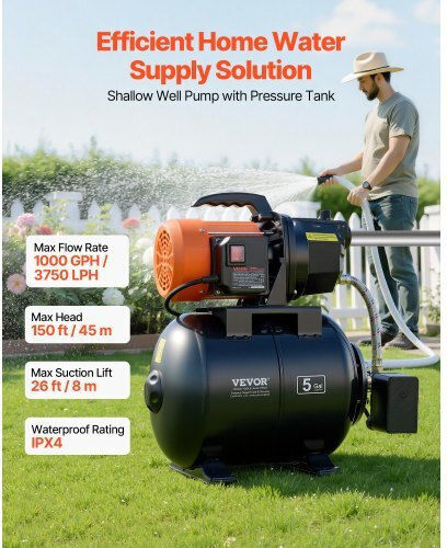 Vevor Elektrische Oberflächenwasserpumpe mit Automatischer Saugung 1hp Einphasig