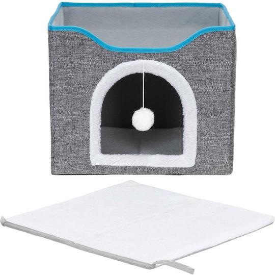 Platformă Căsuță pentru Pisici cu Jucărie Suspendată Structură din Lemn Husă din Material Textil 42x41x34 Cm Gri