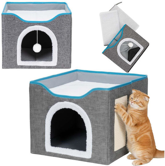 Platformă Căsuță pentru Pisici cu Jucărie Suspendată Structură din Lemn Husă din Material Textil 42x41x34 Cm Gri
