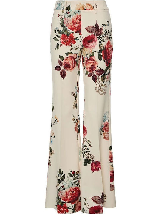 Women's Fabric Flared Trousers in Regular Fit Floral Vanilla