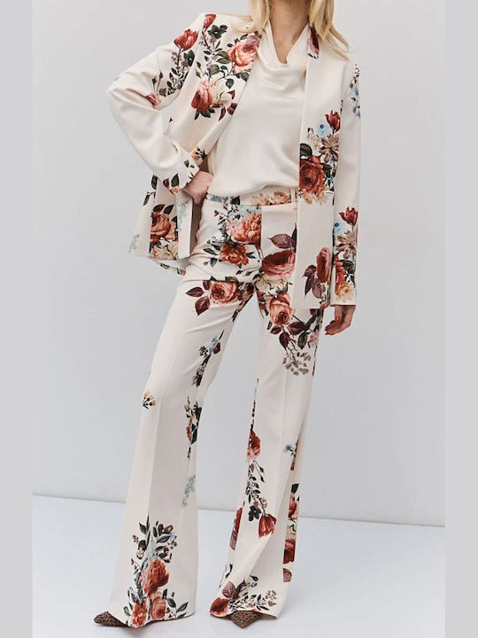 Women's Fabric Flared Trousers in Regular Fit Floral Vanilla