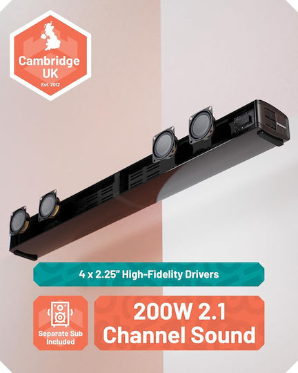 Majority SB80 Xtra Split Soundbar 2.1 Bluetooth și HDMI 200W cu Subwoofer Wireless și Telecomandă Negru