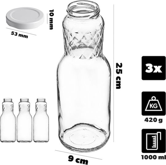 Glass Juice Bottles 1l + White Caps Fi53 3 Pcs