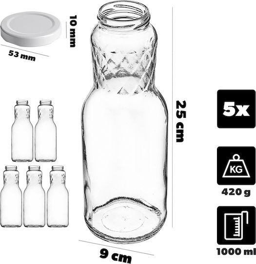 Sticle De Suc Din Sticlă 1l + Capace Roșii Fi53 5 Bucăți