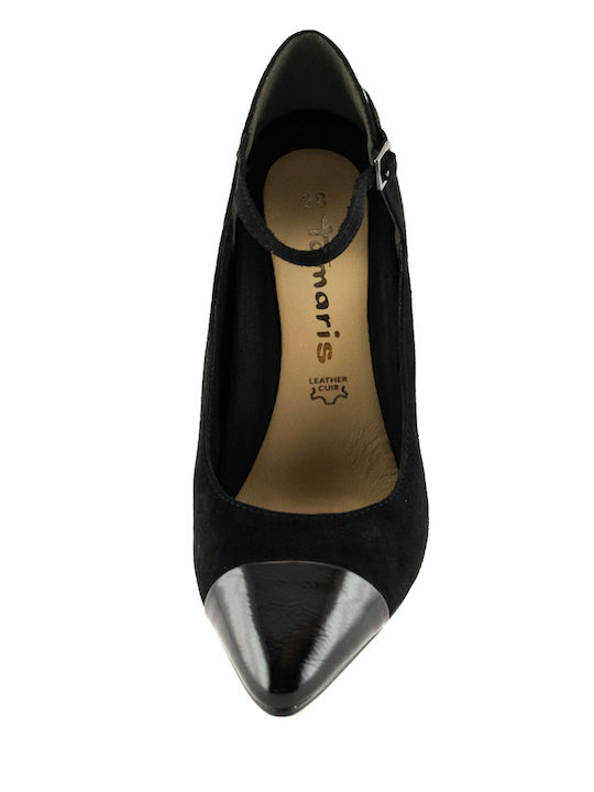 Suede Pointed Toe Heels with Stiletto Heel and Strap Black