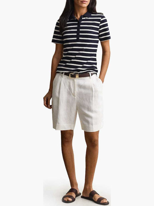 Damen Polo Bluse Kurzärmelig Gestreift Dunkelblau