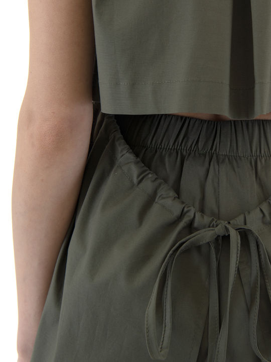 Damen Hochbund Stoffhose mit Gummiband in Balloon Bein Stil Khaki