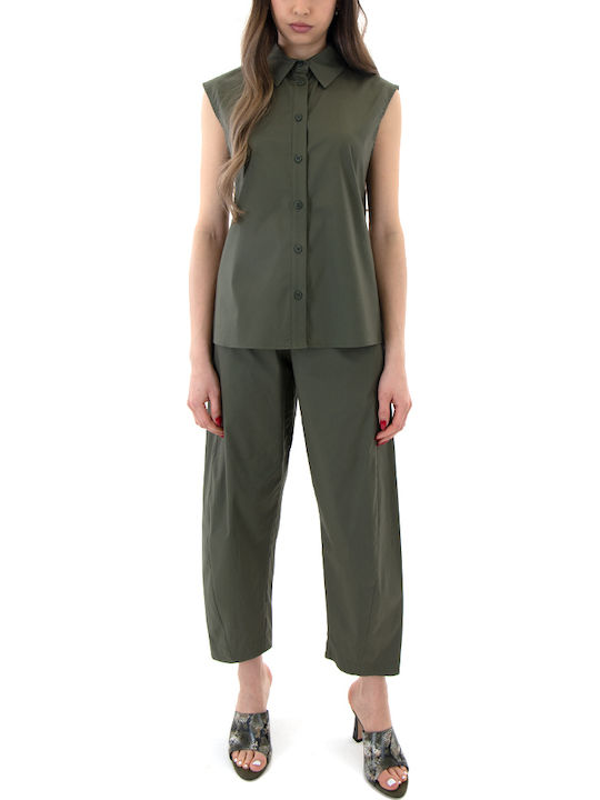 Damen Hochbund Stoffhose mit Gummiband in Balloon Bein Stil Khaki