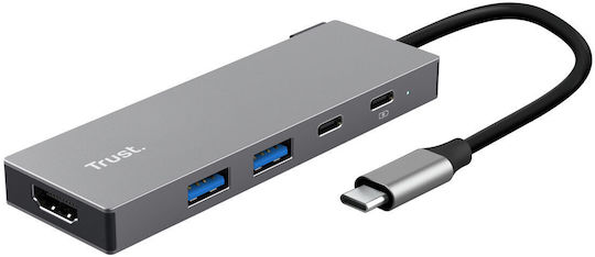 Trust Hub 4 Porturi cu Conectare USB-C / USB-A Gri
