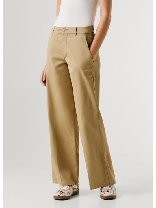 Women's Leather Trousers in Straight Leg Light Beige
