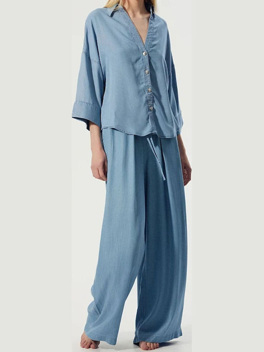 Pantaloni Dama Din Țesătură Cu Elastic Croială Regular Albastru Deschis