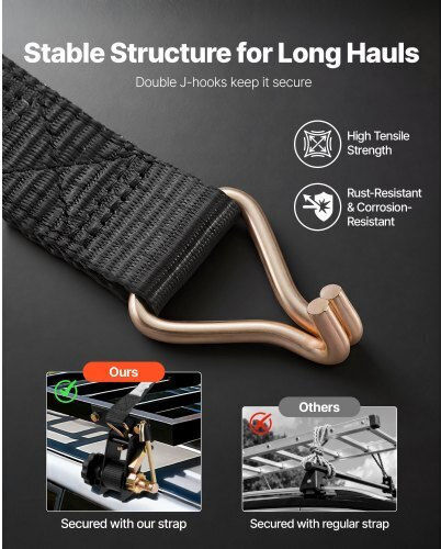 Vevor Ladder Rack Ratchet Straps Black Square Tube Mount 38 Mm Wide X 2.25 M Long Black Ladder Rack Straps Double J-hooks 226.8 Kg Load Heavy Duty Cargo Buckle Lock Strap 2 Pack