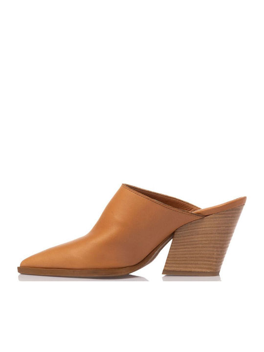Leather Mules with High Heel in Brown Colour