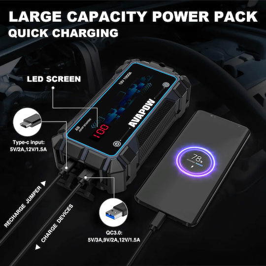 Avapow A9 Tragbar Auto-Starthilfe 8000mAh mit Power Bank,Powerbank / USB / Φακό 12V