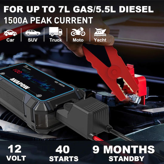 Avapow A9 Tragbar Auto-Starthilfe 8000mAh mit Power Bank,Powerbank / USB / Φακό 12V