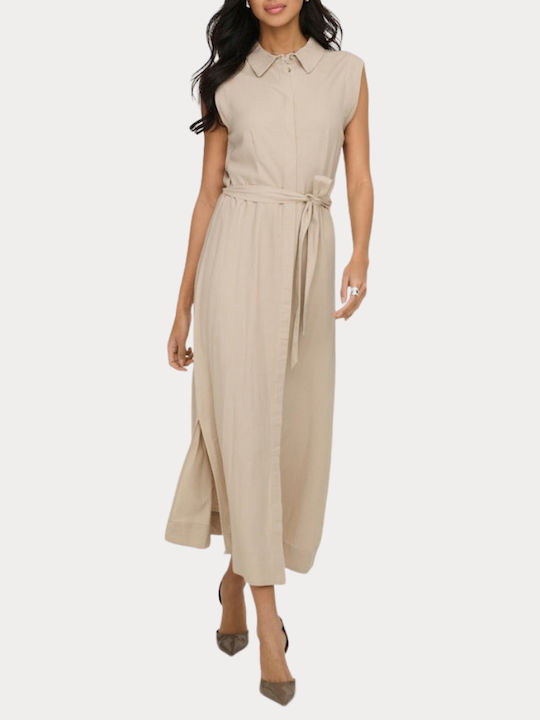 Καλοκαιρινό Midi Σεμιζιέ Φόρεμα Αμάνικο Oxford Tan