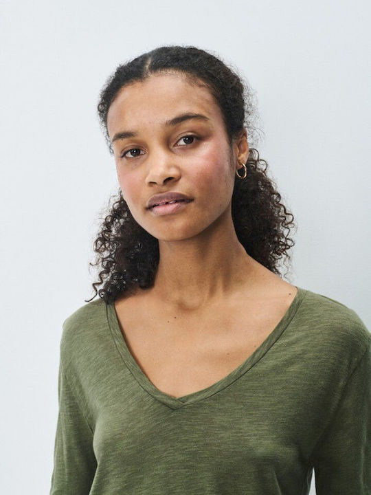 Women's Long Sleeve Sweater Woolen with V Neckline Green