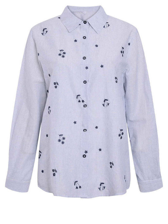 Celestino Women's Cotton Shirt Embroidered Designs Loose Fit Blue