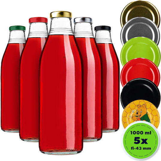 Kadax Glass Water Bottle With Screw Lid Transparent 1000ml 5 Pieces