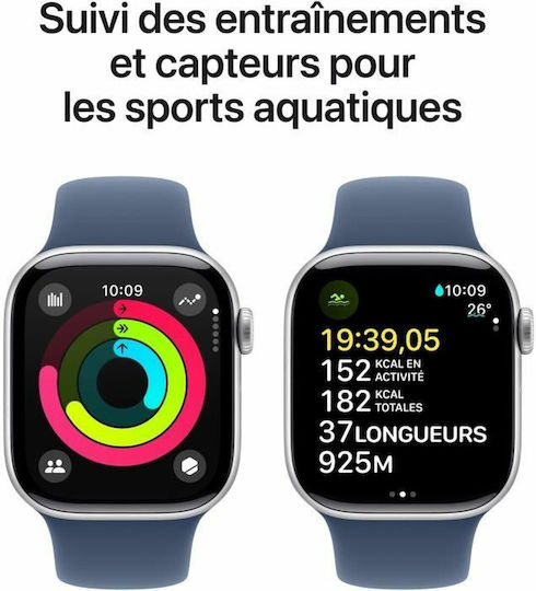 Apple Watch Series 10 Cellular Aluminum 42mm Waterproof with eSIM and Heart Rate Monitor (Silver Aluminum Denim Sport Band - S/M)