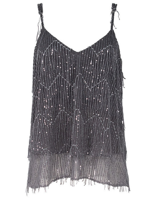 Women's Blouse with Straps & V Neckline Gray