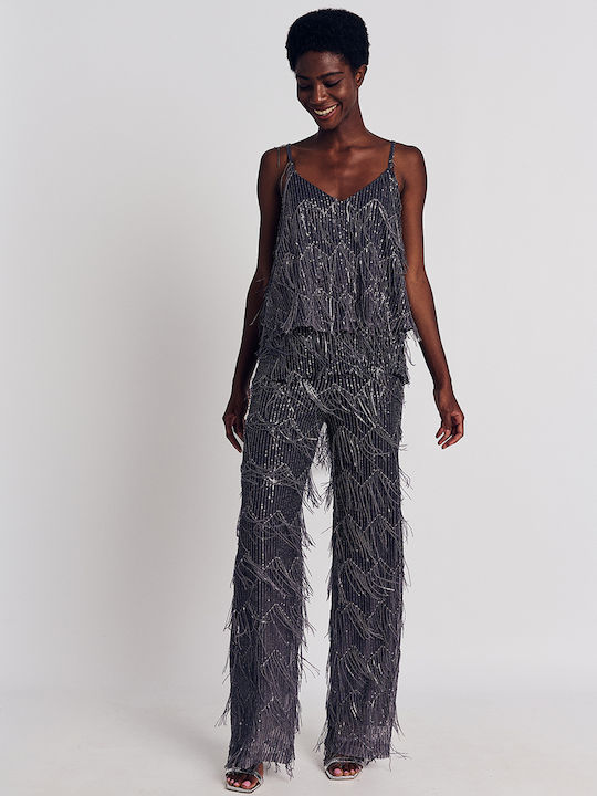 Women's Blouse with Straps & V Neckline Gray