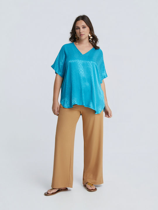 Women's Blouse Short Sleeve with V-Neckline Turquoise