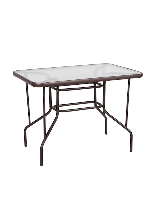 Outdoor Dinner Free Standing Table with Glass Surface and Metal Frame Brown 100x65x71cm
