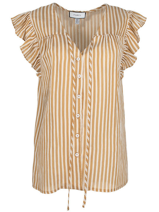 Women's Blouse with V Neckline Striped Beige