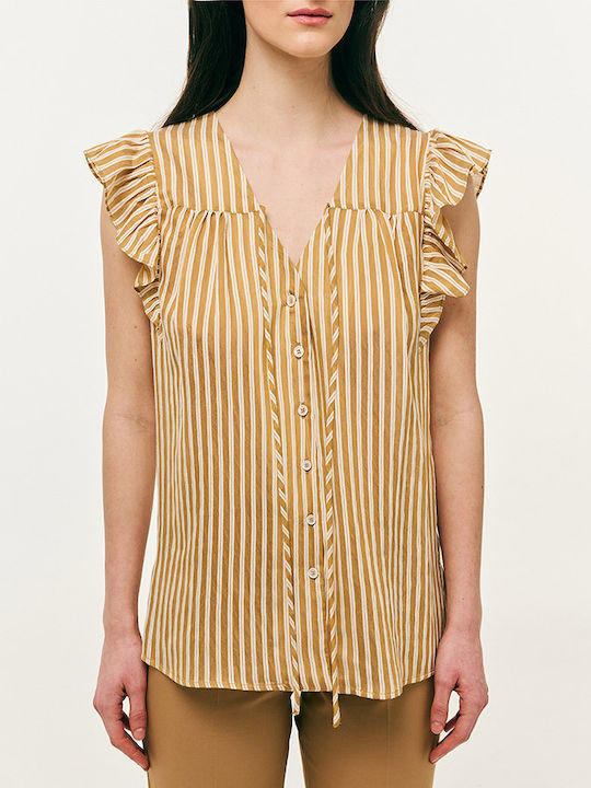 Women's Blouse with V Neckline Striped Beige
