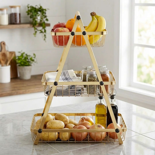 Cheffinger Obstschale 3 Niveaus Edelstahl Holzgriff Gold