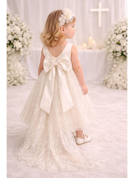 Nikos-Takis Ecru Taufkleidung für Mädchen mit Haar-Accessoires Strickjacke & Kleid 3 Stück