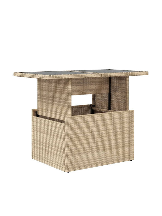 Outdoor Dinner Free Standing Table with Glass Surface and Rattan Frame Natural 100x55x73cm