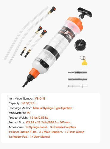 Vevor 1.5 L Fluid Extractor Manual Automotive Fluid Pump Extractor Oil Syringe Long Hose Extension Tubes Easy Oil Change Suction Pump Lawn Mowers Cars Ships Golf Carts Motorcycles